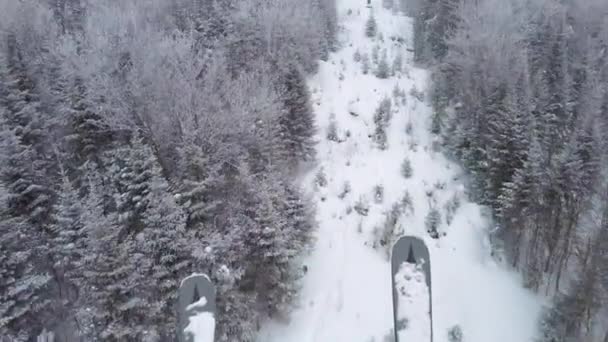 Kayak merkezindeki muhteşem kayak manzarası. Sandalyedeki kayakçının POV 'u beyaz karlı kış ormanında yükseliyor. Kayak için harika bir hava. — Stok video