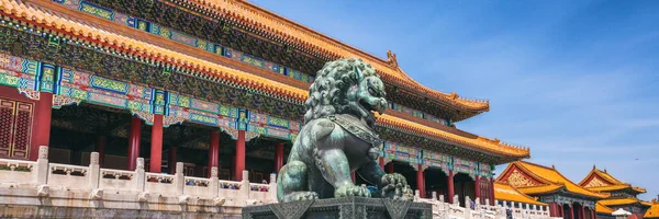 Κίνα ταξιδιωτικό banner Πεκίνο πόλη διάσημο πανόραμα προορισμού τοπίο με κτίριο και λιοντάρι άγαλμα — Φωτογραφία Αρχείου