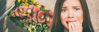 Keto paleo diet scared Asian woman of the negative effects of weight loss food eating salad of beef meat. Funny face girl worried of unhealthy take out eat clipart