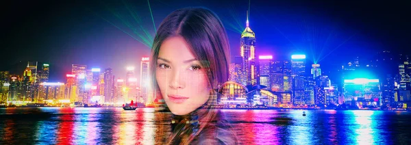 Азиатская модель красоты женский портрет накладывается на Гонконг ночью огни горизонта баннер панорамный городской фон — стоковое фото