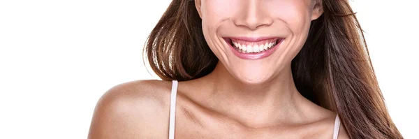 Perfect smile smiling woman with white teeth on white background copy space banner. Closeup of mouth and toothy smile. — Stock Photo, Image