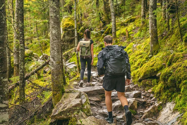 Caminata pareja excursionistas senderismo sendero forestal en otoño naturaleza ir de camping con mochilas. Amigos mujer y hombre caminando cuesta arriba en la montaña en Quebec viajes, Canadá —  Fotos de Stock