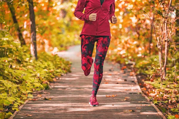 숲 속 공원에서 뛰어다니는 오솔길 여성은 가을에 붉은 운동복을 입은 채 보드 워크를 한다. 옥외 조깅을 하는 소녀 운동 선수 — 스톡 사진