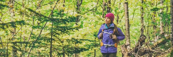 Jesienna wycieczka spacerowa kobieta turystyka w lesie panoramiczne tło baner. — Zdjęcie stockowe