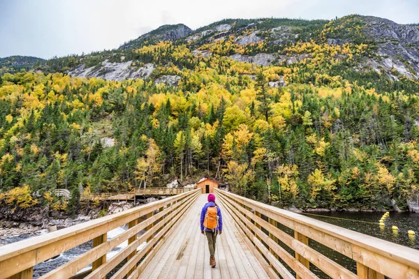 Caminata mujer caminando en bosque naturaleza al aire libre puente — Foto de Stock