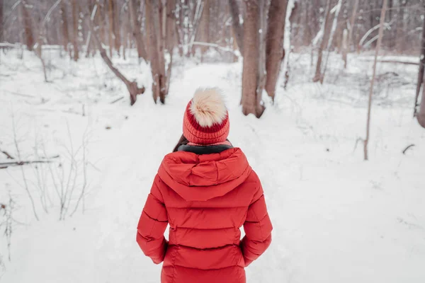 Mulher de inverno caminhando no parque de floresta coberto de neve. trilha florestal ao ar livre. Vista de trás da mulher de casaco vermelho e chapéu de gorro — Fotografia de Stock