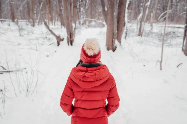 Vinterkvinna går i snötäckt skogspark. skogsstig utomhus. Vy bakifrån av kvinna i röd rock och mössa hatt — Stockfoto