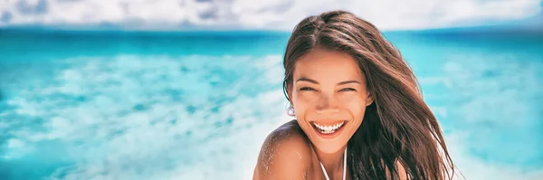 Beautiful Asian woman smiling relaxing on summer beach sunbathing banner panorama — Stock Photo, Image