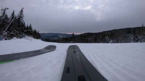 山の中で雪の斜面にスキー、スキーPOV 。カナダのケベック州モントレムブラントの斜面で最初のトラックを楽しんでいるスキーで下り坂に行く男のアクションカメラビデオ。冬のスポーツ・アクティビティ — ストック動画