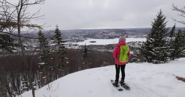 Femme raquette dans la forêt d'hiver regardant la vue sur le paysage hivernal idyllique. Les personnes en randonnée dans la neige en raquettes à neige vivant un mode de vie actif en plein air. Mont Tremblant, Laurentides, Québec, Canada — Video