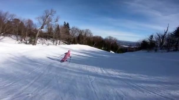 Жінка на лижах. Альпійські лижі лижник катається на лижах взимку Жінка в модному рожевому лижному спорядженні — стокове відео