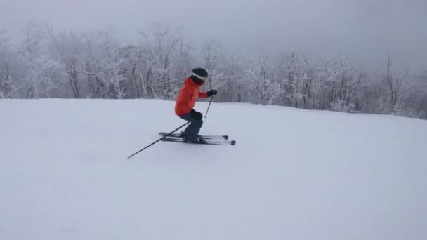Tepe aşağı kayak yapmak. Kayakla yokuş aşağı giden bir kadın, karlı bir günde yamaçlarda eğleniyor. — Stok video
