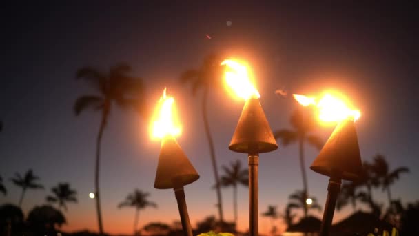 Puesta de sol de Hawai con antorchas de fuego. Icono hawaiano, luces ardiendo al atardecer en el resort — Vídeos de Stock