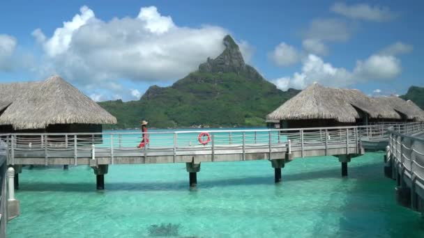 Bora Bora Tatil Seyahat Kadını Cennetteki motu sahilinde yürüyor Fransız Polinezyası — Stok video