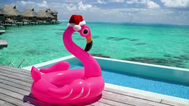 Διακοπές στην παραλία Χριστούγεννα flamingo πισίνα float με santa καπέλο ταξίδια φόντο — Αρχείο Βίντεο