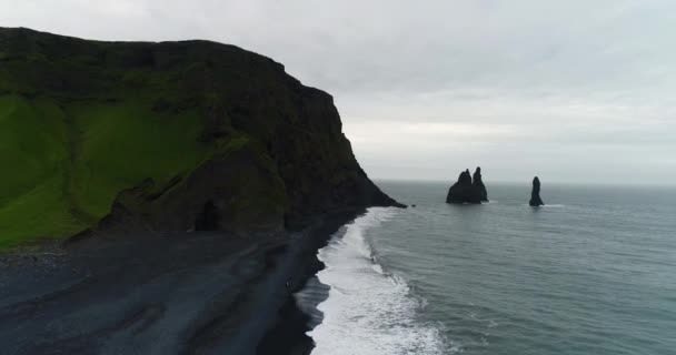 아이슬란드 사람들 과 함께 있는 유명 한 검은 모래사장 레이니 피아라 의 공중 무인기 영상 — 비디오