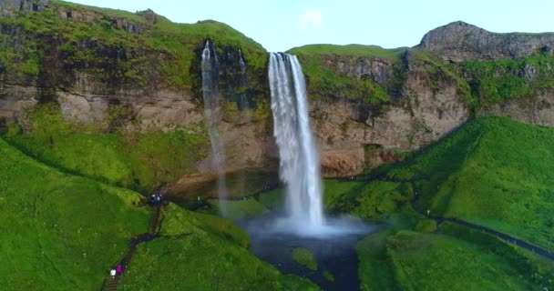 Ισλανδία κηφήνας βίντεο κεραία του καταρράκτη Seljalandsfoss στην ισλανδική φύση — Αρχείο Βίντεο