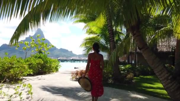 Seyahat video konsepti. Bora Bora Tatil Kadını Otemanu Dağı 'yla Fransız Polinezyası' nda motu sahilinde yürüyor. Sular Altındaki Bungalow Otel 'de lüks bir tatilde olan bir bayan. — Stok video