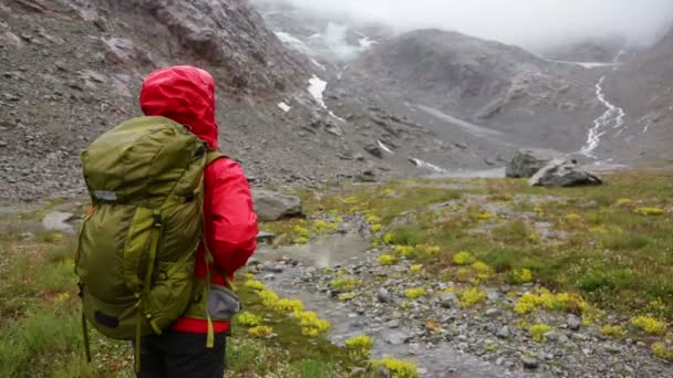 Mujer mirando en la hermosa montaña — Vídeos de Stock