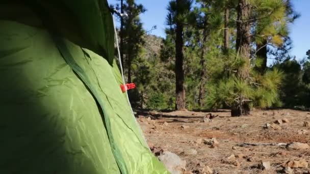 Camping mulher tenda de abertura — Vídeo de Stock