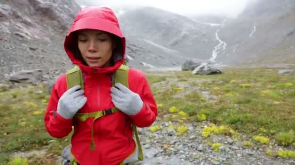 Mujer senderismo en la caminata en las montañas — Vídeos de Stock