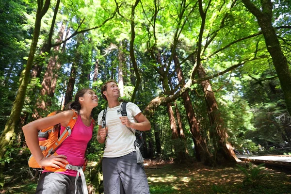 Hiking paar in bos Redwoods — Stockfoto