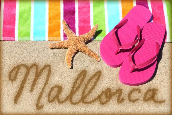 Mallorca beach vacation writing on sand — Stock Photo, Image