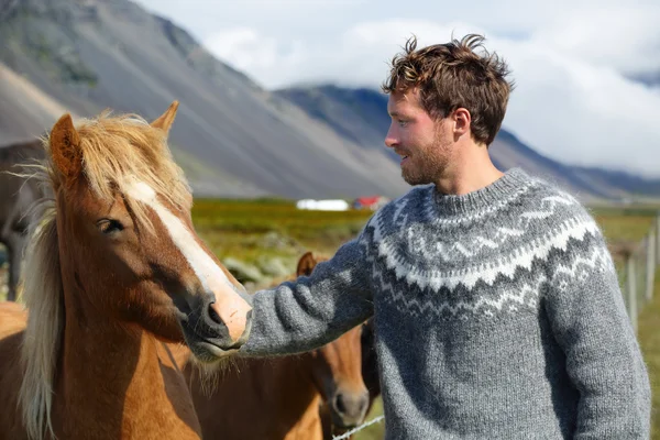 Homem de estimação cavalo na Islândia — Fotografia de Stock