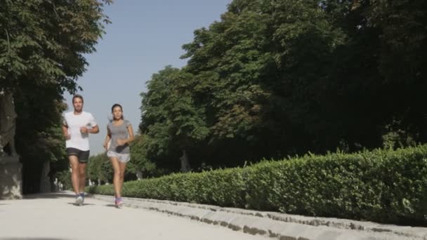 Pareja corriendo en el parque de la ciudad Madrid — Vídeo de stock