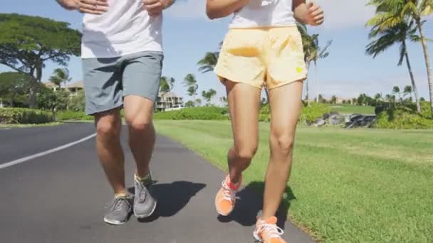 Multi-etnisch jonge paar joggen in het park — Stockvideo