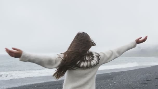 Woman on Iceland dancing of joy — Stock Video