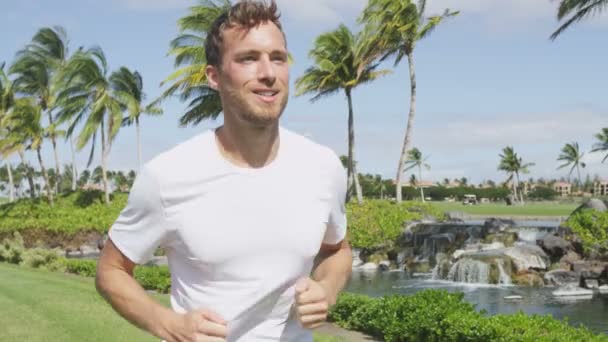 Homme courant dans un parc tropical — Video