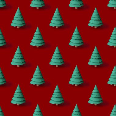 Kırmızı arka planda Noel ağaçlarının deseni. Yeni yıl konsepti... 3D Görüntü