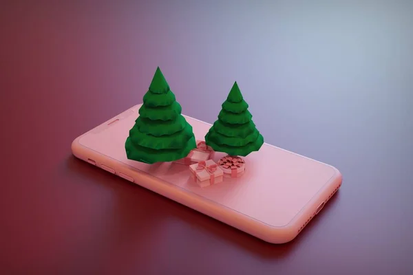 Ilustración Del Árbol Navidad Teléfono Inteligente Aplicación Navidad Smartphone Renderizado — Foto de Stock