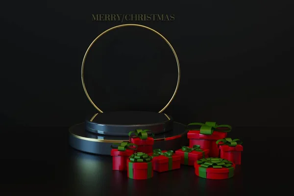 Świąteczna Gablota Pudełko Prezentami Koncepcja Bożego Narodzenia Platforma Wyświetlania Noworocznego — Zdjęcie stockowe