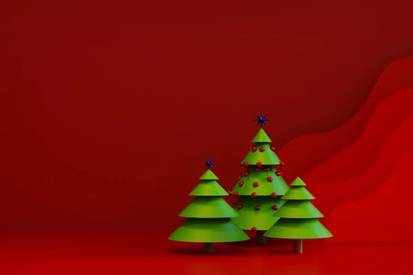 3 boyutlu görüntüleme. Noel ağaçları hediye kutularıyla çevrili, kırmızı arka planda kristal küreler..