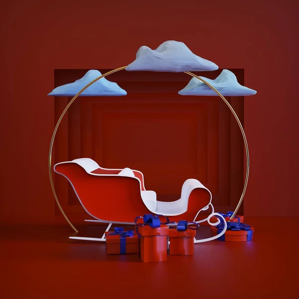Vykreslování Konceptuální Rekreace Vánoční Scény Sáněmi Několika Dárkovými Krabicemi Červené — Stock fotografie
