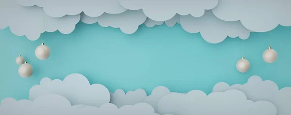 3 boyutlu görüntüleme. Kağıt bulutlar kesilmiş, Noel topları sallanıyor. Web sayfası afişi için katmanlı festival arkaplanı.