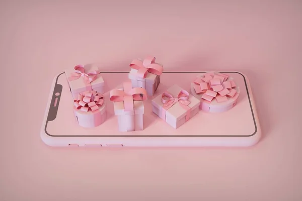Noel hediyesi konsepti. Akıllı telefonundan alışveriş yap. Noel görüntüsü. 3B görüntüleme