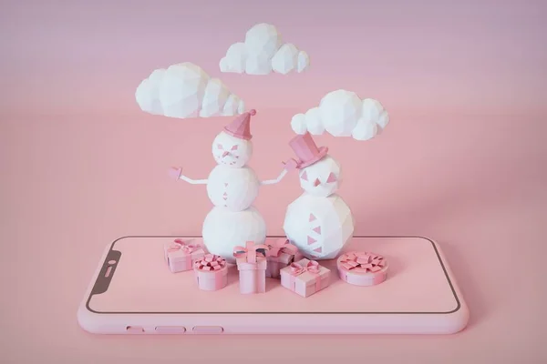 Web tasarımı için Noel afişi, cep telefonunda hediyeli kardan adam, 3D görüntüleme
