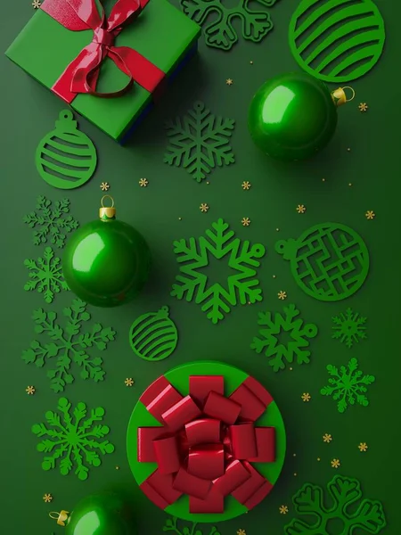 Vykreslování Veselé Vánoce Zelená Karta Zlaté Vánoční Dekorace — Stock fotografie