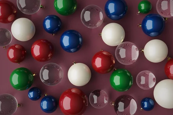 3D renkler, çeşitli renklerde noel topları kırmızı, mavi, yeşil, pembe bir tuvalde kristal, üst görünüm