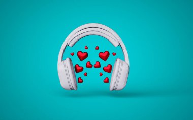 Özelleştirilebilir renk arkaplanı üzerinde kırmızı kalpli beyaz kulaklıklar, 3d Render