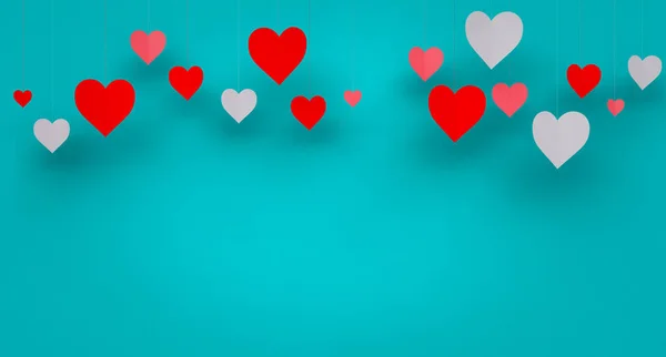 Background with hanging paper volume hearts, red on Customizable color background, 3d Render