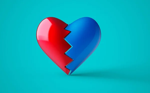 Forma Corazón Roto Rojo Azul Sobre Fondo Personalizable Renderizado — Foto de Stock