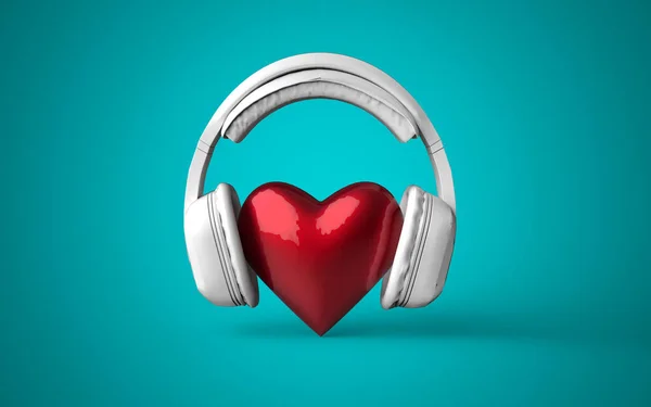 White Headphones Red Heart Sign Middle Customizable Color Background Render — Stock Photo, Image