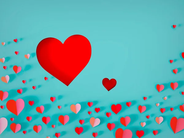 Сердцеобразные Бумажные Элементы Летают Пользовательском Цветном Фоне Два Больших Сердца — стоковое фото