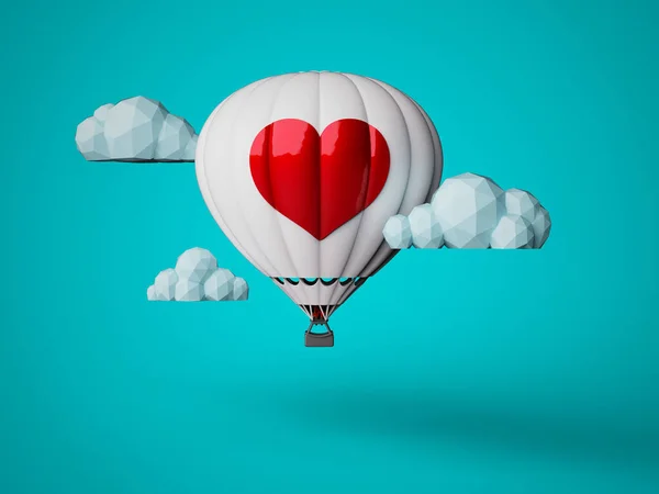 Balão Quente Branco Com Coração Gigante Vermelho Nuvens Brancas Polígono — Fotografia de Stock