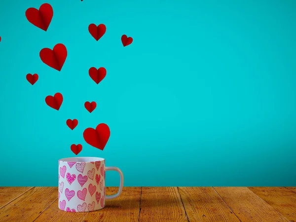 Valentine\'s day concept with hearts and cup on table wood, over customizable background, 3d Render