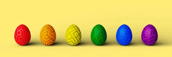Huevos Pascua Colores Arco Iris Sobre Fondo Amarillo Ilustración —  Fotos de Stock